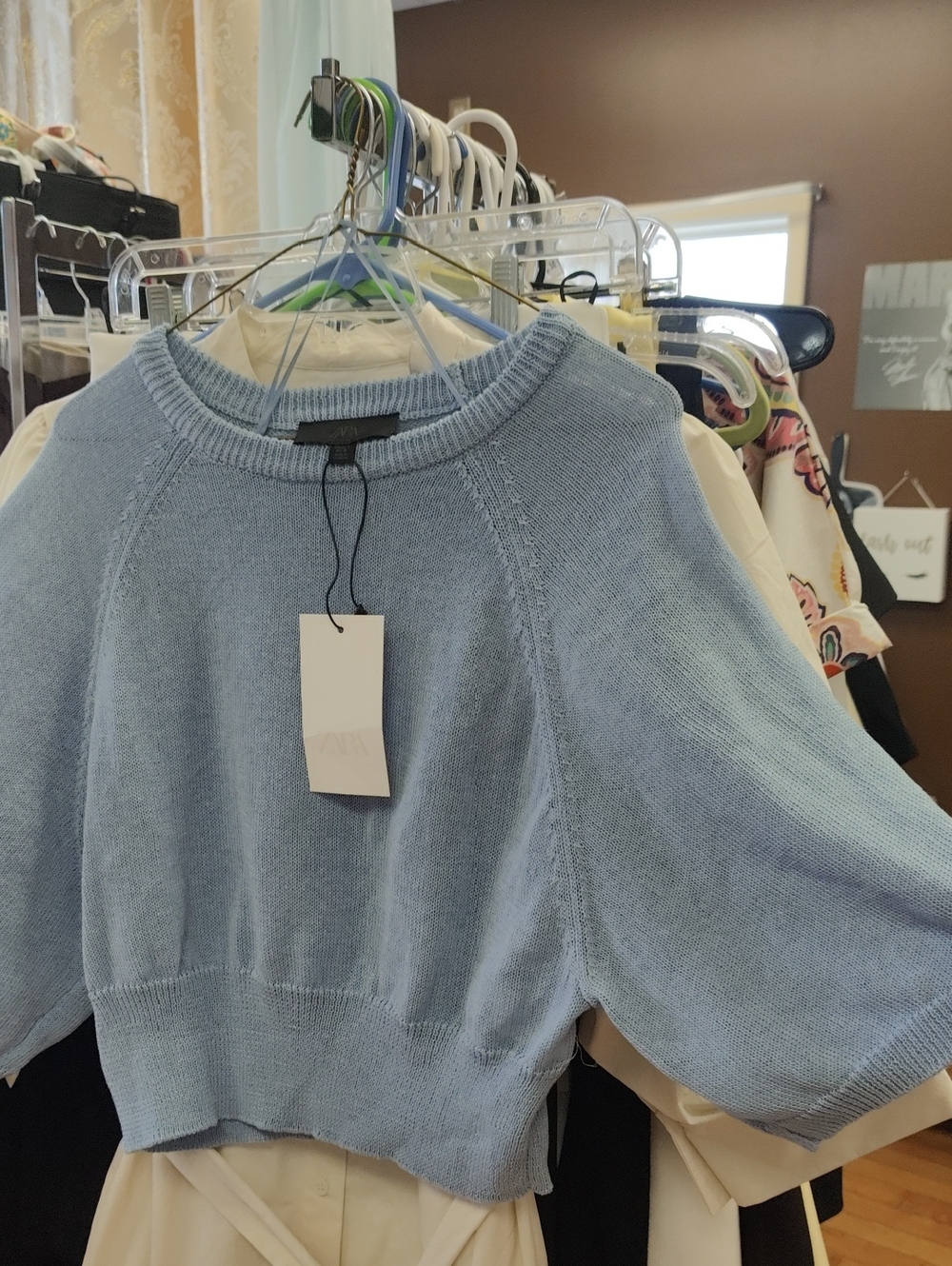 Zara Light Blue Crew Neck Short Sleeve Knit Sweater